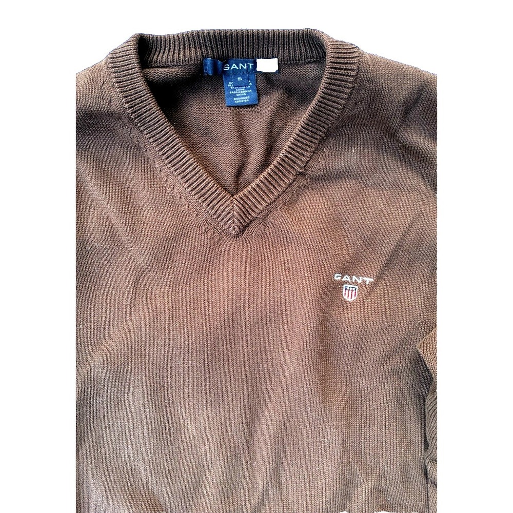 Gant Sweater V-Neck Sweater Knitted Logo Burgundy Cotton - Picture 2 of 7